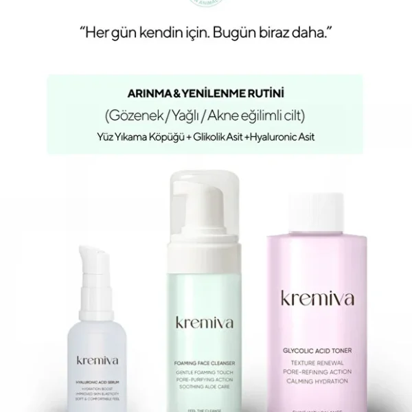 3’lü Arındırıcı Cilt Bakım Seti – Yüz Temizleme Köpüğü + Glikolik Asit Serum + Hyaluronik Asit Serum