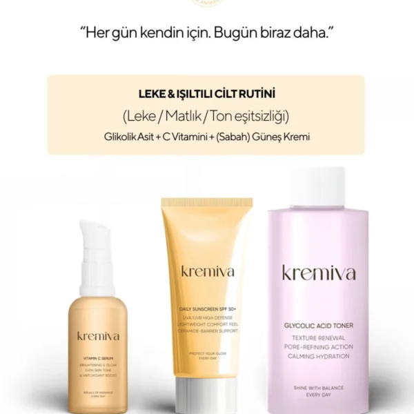 3’lü Işıltılı Cilt Seti – C Vitamini Serum + Glikolik asid + SPF 50 + Güneş Kremi